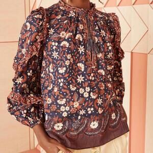 Ulla Johnson Azalea Puff Sleeve Ruffle Floral Blouse Midnight Navy Women size 4